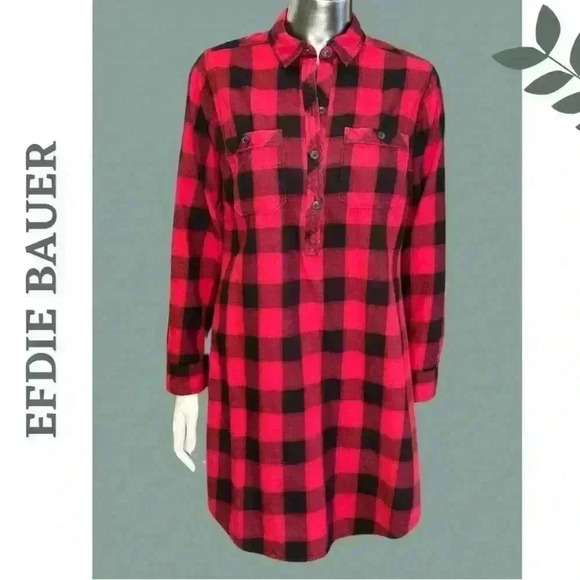 Eddie Bauer Buffalo Pront Flannel Shirt Dress Red Black Long Sleeve Sleeve Sz 4 - Picture 1 of 8